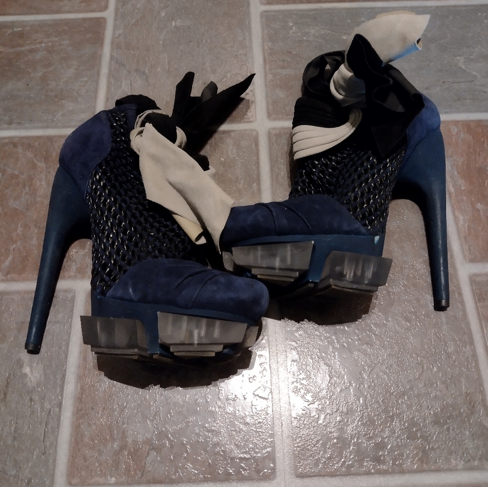 Balenciaga Navy Suede Platform Ankle Booties with Black and Cream Ribbon